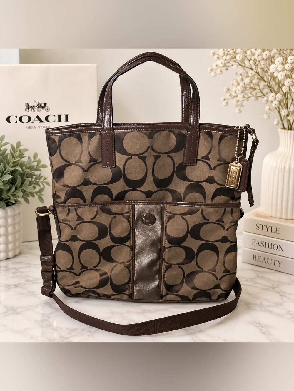 Coach Brown Signature C Canvas Tote with Dark Brown Leather Trim
